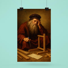 Leonardo da Vinci looking defeated while assembling flat pack furniture poster 6