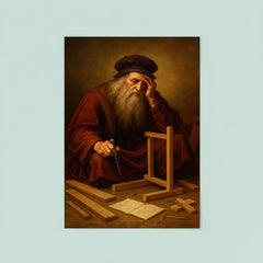Leonardo da Vinci looking defeated while assembling flat pack furniture poster 8