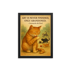 Leonardo da Vinci quote art perfectionist cat grooming while others watch framed print on a plain backdrop in size 12"x16".