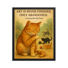 Leonardo da Vinci quote art perfectionist cat grooming while others watch framed print on a plain backdrop in size 16"x20".