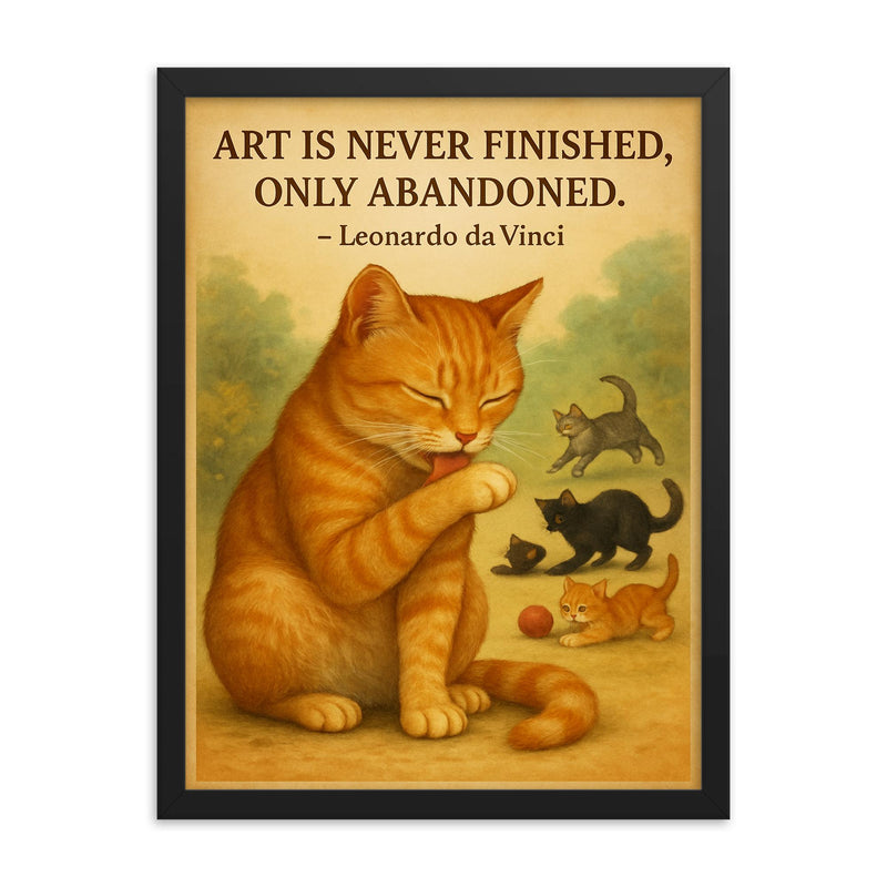 Leonardo da Vinci quote art perfectionist cat grooming while others watch framed print on a plain backdrop in size 18