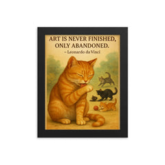 Leonardo da Vinci quote art perfectionist cat grooming while others watch framed print on a plain backdrop in size 8"x10".