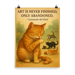 Leonardo da Vinci quote art perfectionist cat grooming while others watch poster on a plain backdrop in size 8"x10".