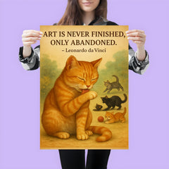 Leonardo da Vinci quote art perfectionist cat grooming while others watch poster 3