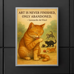 Leonardo da Vinci quote art perfectionist cat grooming while others watch poster 5