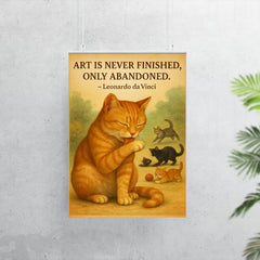 Leonardo da Vinci quote art perfectionist cat grooming while others watch poster 7