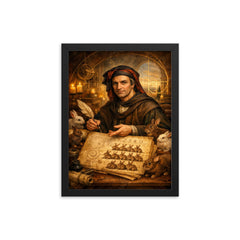 Leonardo Fibonacci with rabbit sequence manuscript framed print on a plain backdrop in size 12"x16".