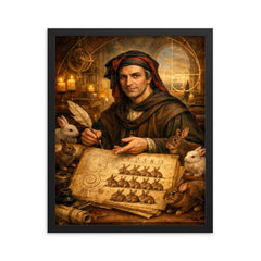 Leonardo Fibonacci with rabbit sequence manuscript framed print on a plain backdrop in size 16"x20".