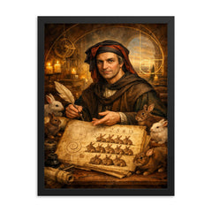 Leonardo Fibonacci with rabbit sequence manuscript framed print on a plain backdrop in size 18"x24".