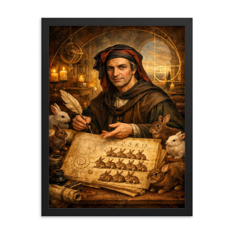 Leonardo Fibonacci with rabbit sequence manuscript framed print on a plain backdrop in size 18
