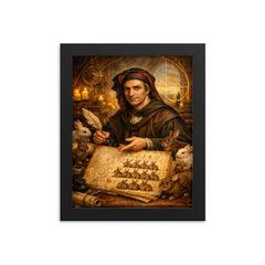 Leonardo Fibonacci with rabbit sequence manuscript framed print on a plain backdrop in size 8"x10".