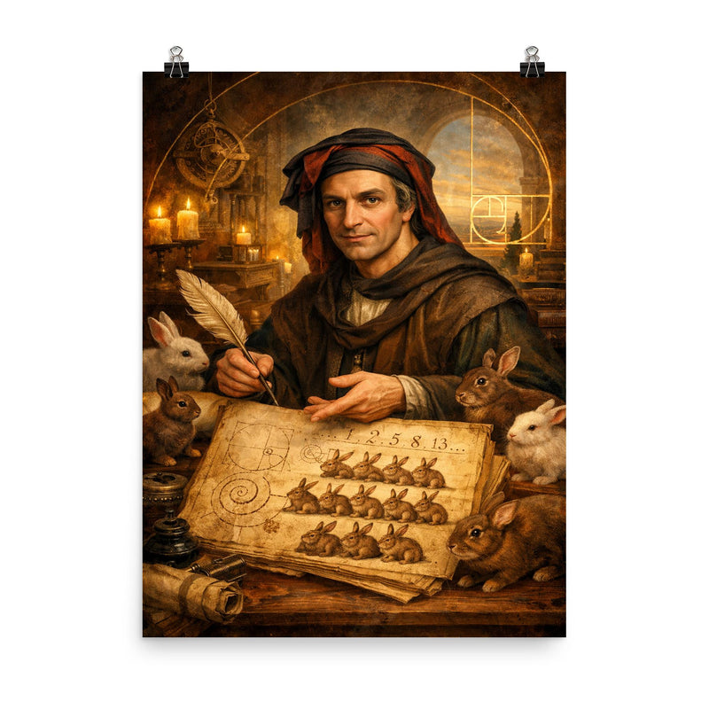 Leonardo Fibonacci with rabbit sequence manuscript poster on a plain backdrop in size 8