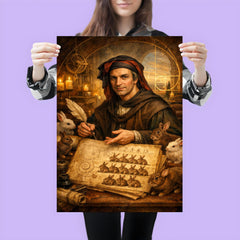 Leonardo Fibonacci with rabbit sequence manuscript poster 3