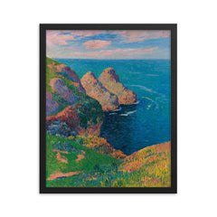 Les Falaises au Bord de la Mer by Henry Moret framed print on a plain backdrop in size 16"x20".