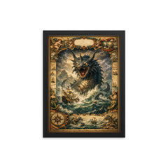 Leviathan rising beneath seventeenth century map margins framed print on a plain backdrop in size 12"x16".