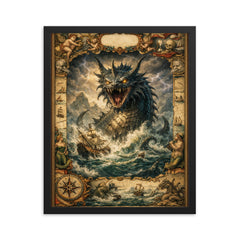 Leviathan rising beneath seventeenth century map margins framed print on a plain backdrop in size 16"x20".