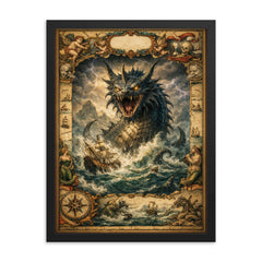 Leviathan rising beneath seventeenth century map margins framed print on a plain backdrop in size 18"x24".