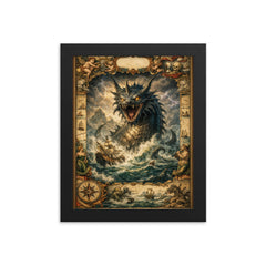 Leviathan rising beneath seventeenth century map margins framed print on a plain backdrop in size 8"x10".