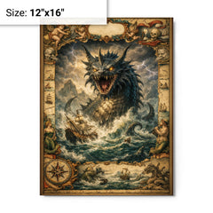Leviathan rising beneath seventeenth century map margins metal print on a plain backdrop in size 12"x16".