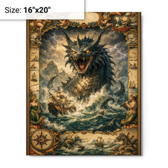 Leviathan rising beneath seventeenth century map margins metal print on a plain backdrop in size 16"x20".