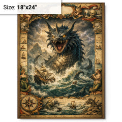 Leviathan rising beneath seventeenth century map margins metal print on a plain backdrop in size 18"x24".