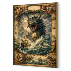 Leviathan rising beneath seventeenth century map margins metal print mockup