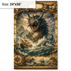 Leviathan rising beneath seventeenth century map margins metal print on a plain backdrop in size 24"x36".
