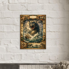 Leviathan rising beneath seventeenth century map margins metal print mockup
