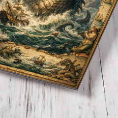 Leviathan rising beneath seventeenth century map margins metal print mockup