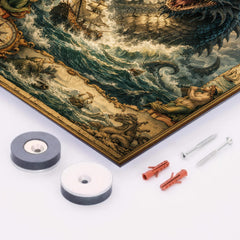 Leviathan rising beneath seventeenth century map margins metal print mockup