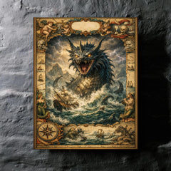 Leviathan rising beneath seventeenth century map margins metal print mockup