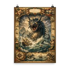 Leviathan rising beneath seventeenth century map margins poster on a plain backdrop in size 8"x10".