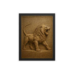 Library of Ashurbanipal cuneiform lion reliefs framed print on a plain backdrop in size 12"x16".