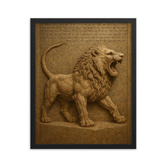 Library of Ashurbanipal cuneiform lion reliefs framed print on a plain backdrop in size 16"x20".