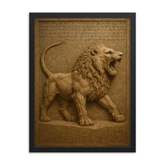 Library of Ashurbanipal cuneiform lion reliefs framed print on a plain backdrop in size 18"x24".