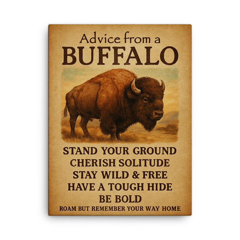 Life advice from a buffalo motivational quote canvas print on a plain backdrop in size 18