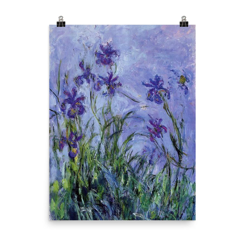 Lilac Irises by Claude Monet, 1917 poster on a plain backdrop in size 8