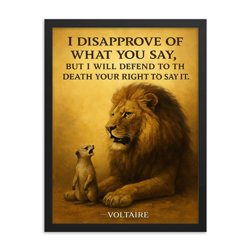 lion defending right to speak quote framed print on a plain backdrop in size 18