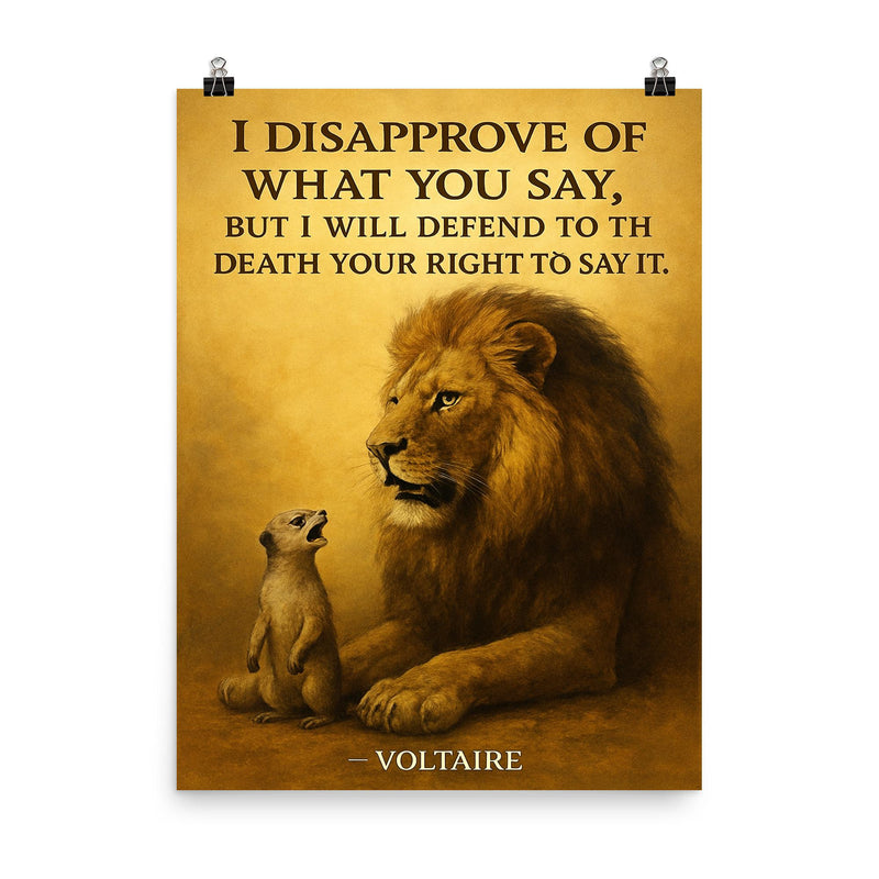 lion defending right to speak quote poster on a plain backdrop in size 8