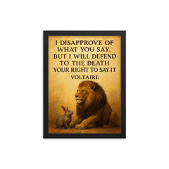 lion defending smaller animal quote defend right to speak framed print on a plain backdrop in size 12"x16".