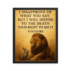lion defending smaller animal quote defend right to speak framed print on a plain backdrop in size 16"x20".