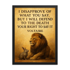 lion defending smaller animal quote defend right to speak framed print on a plain backdrop in size 18"x24".