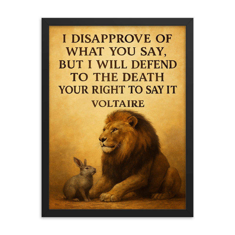 lion defending smaller animal quote defend right to speak framed print on a plain backdrop in size 18