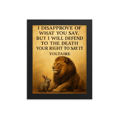 lion defending smaller animal quote defend right to speak framed print on a plain backdrop in size 8"x10".