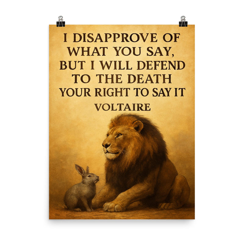 lion defending smaller animal quote defend right to speak poster on a plain backdrop in size 8