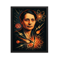 Lise Meitner by split atom sketches framed print on a plain backdrop in size 16"x20".