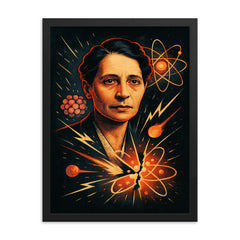 Lise Meitner by split atom sketches framed print on a plain backdrop in size 18"x24".