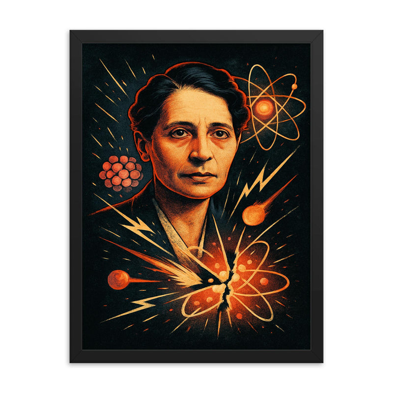 Lise Meitner by split atom sketches framed print on a plain backdrop in size 18