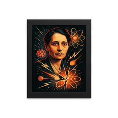 Lise Meitner by split atom sketches framed print on a plain backdrop in size 8"x10".