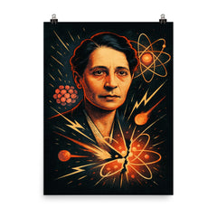 Lise Meitner by split atom sketches poster on a plain backdrop in size 8"x10".